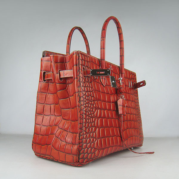 High Quality Fake Hermes Birkin 35CM Crocodile Veins Leather Bag Dark Orange 6089